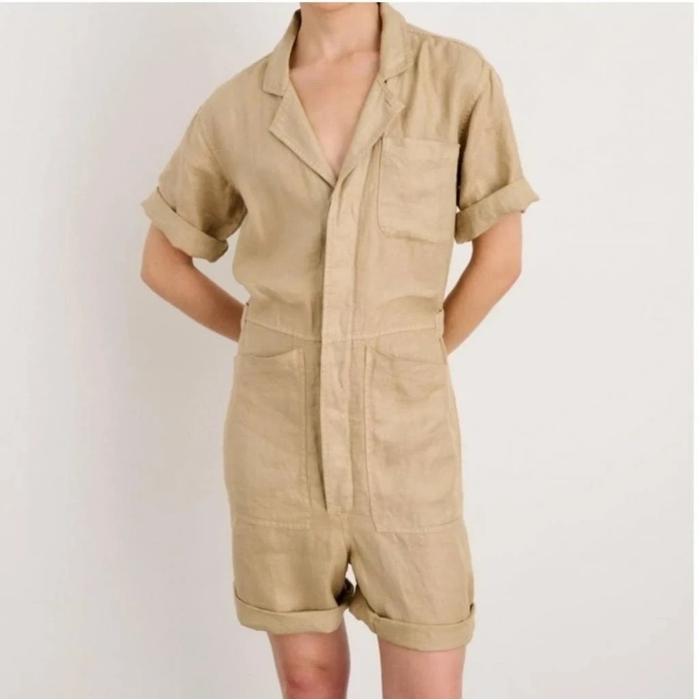 Alex Mill Standard Shortall Jumpsuit‎ in Vintage Khaki 100% Linen Women XS $198